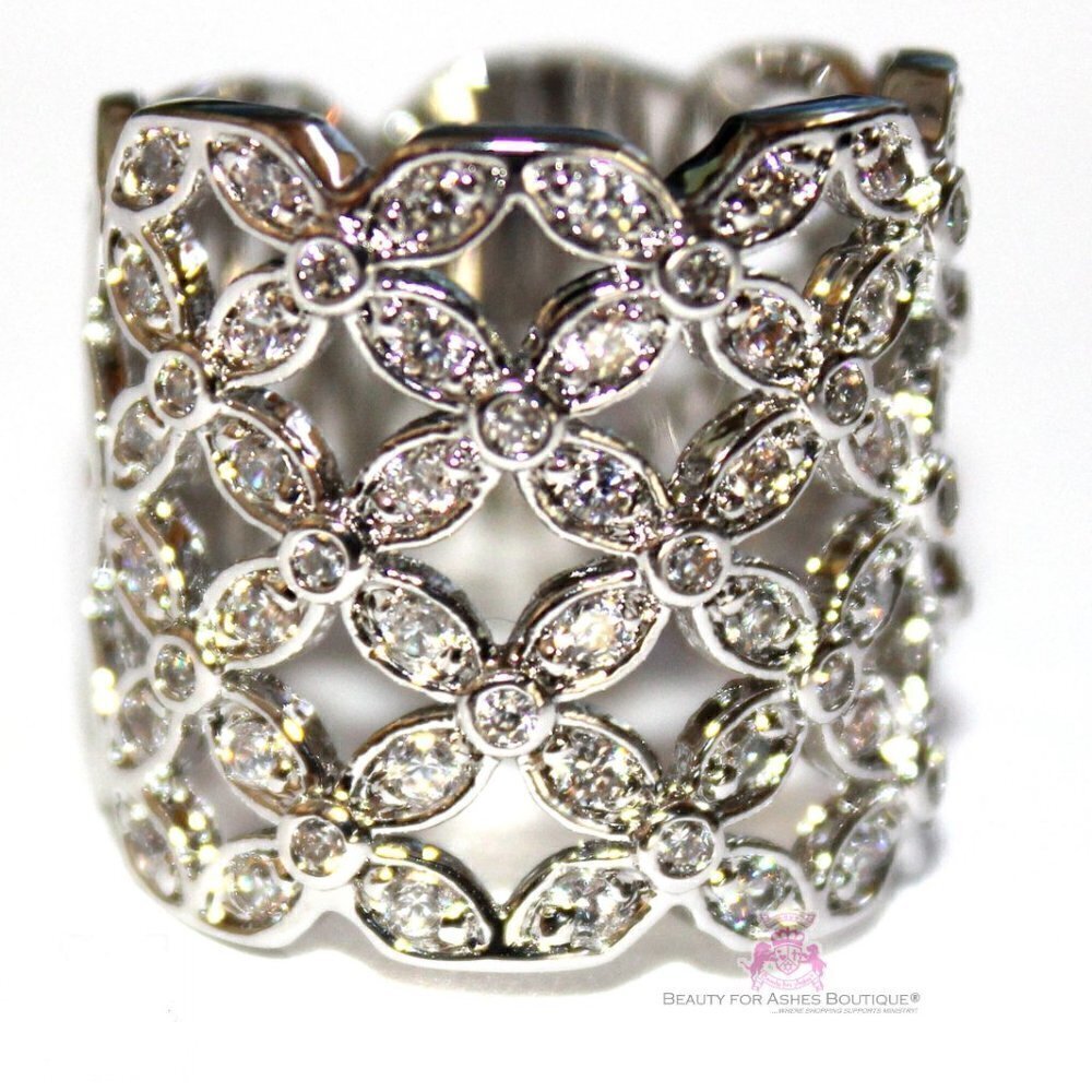 Beautiful Flower Design Wide Band Ring - Size 5 - New W/Tags